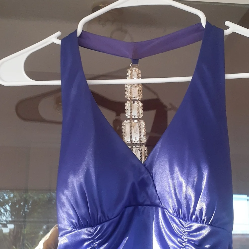 Deb Purple Satin Ruched Halter Mini Dress Rhinestone Back Party Cocktail SIZE S - Picture 2 of 7